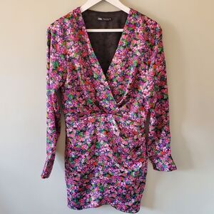 Zara Pink and Green Floral Wrap Mini Dress